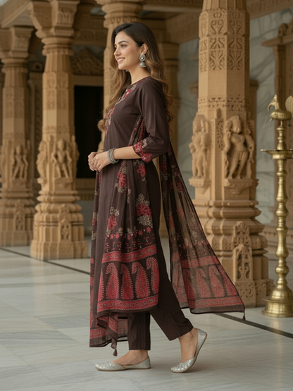 Floral Printed Embroidered Anarkali with Pant & Dupatta - Coffee Brown