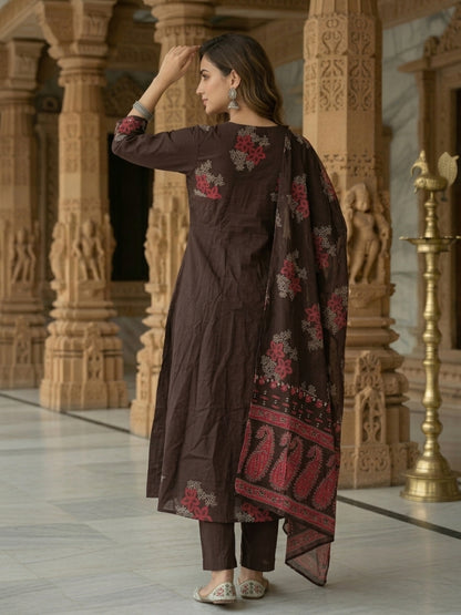 Floral Printed Embroidered Anarkali with Pant & Dupatta - Coffee Brown