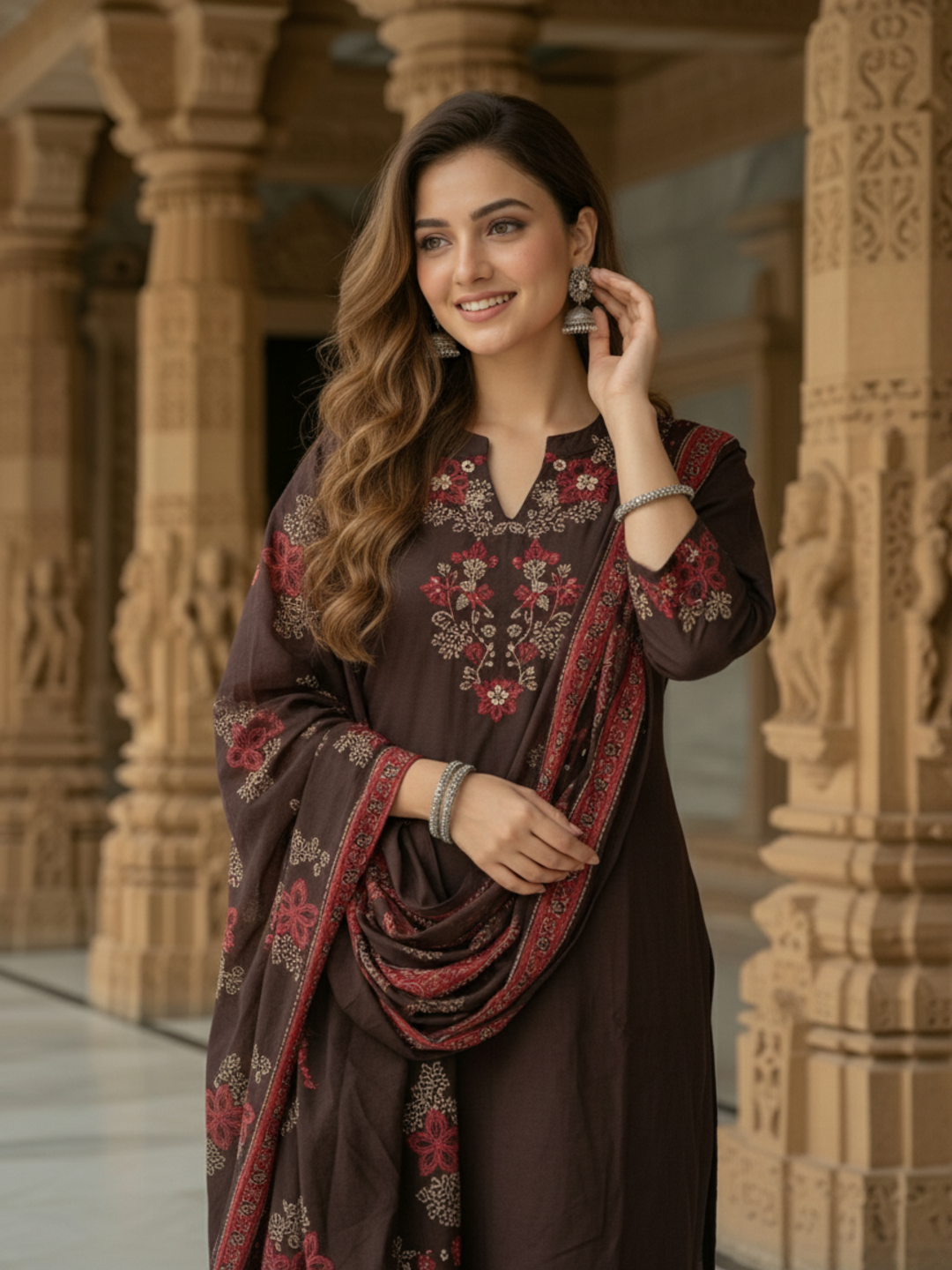 Floral Printed Embroidered Anarkali with Pant & Dupatta - Coffee Brown
