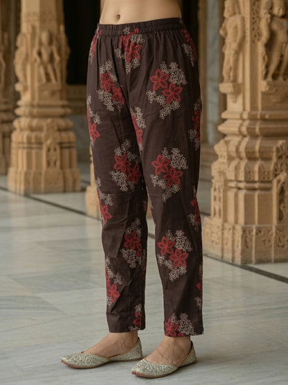 Floral Printed Embroidered Anarkali with Pant & Dupatta - Coffee Brown