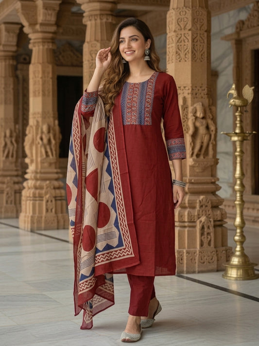 Printed Yoke Straight Kurta with Pant & Geometric Dupatta - Maroon
