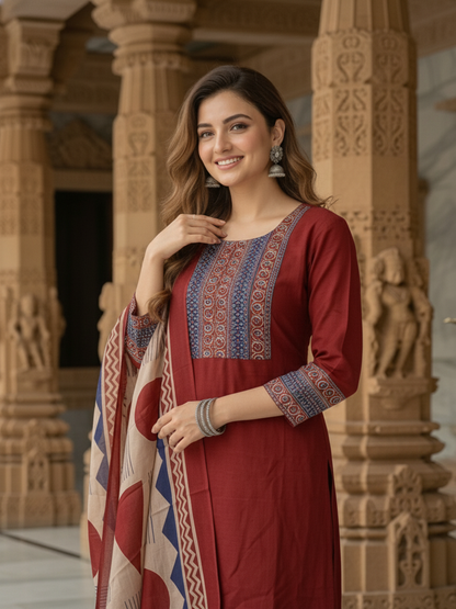 Printed Yoke Straight Kurta with Pant & Geometric Dupatta - Maroon