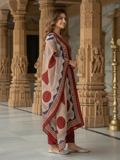 Printed Yoke Straight Kurta with Pant & Geometric Dupatta - Maroon