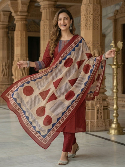 Printed Yoke Straight Kurta with Pant & Geometric Dupatta - Maroon