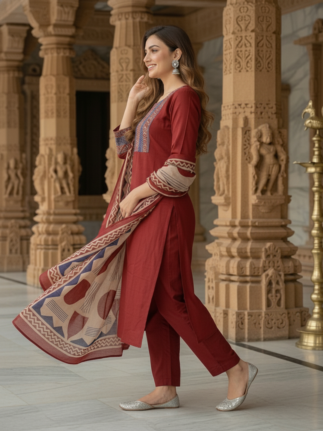 Printed Yoke Straight Kurta with Pant & Geometric Dupatta - Maroon
