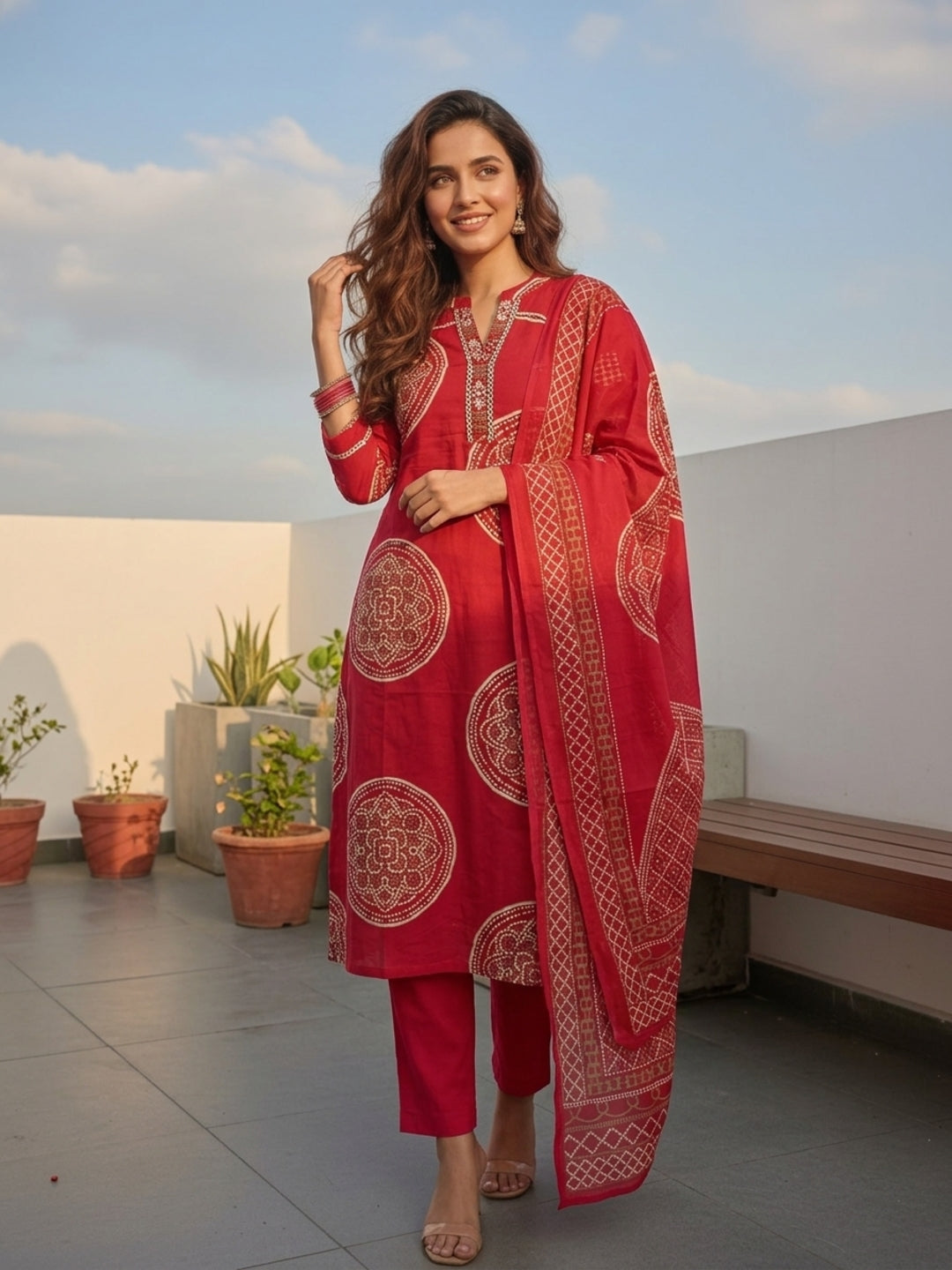 Bandhani Printed Straight Kurta with Pant & Dupatta - Red