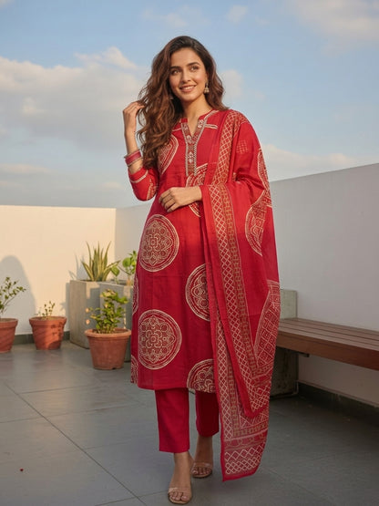 Bandhani Printed Straight Kurta with Pant & Dupatta - Red