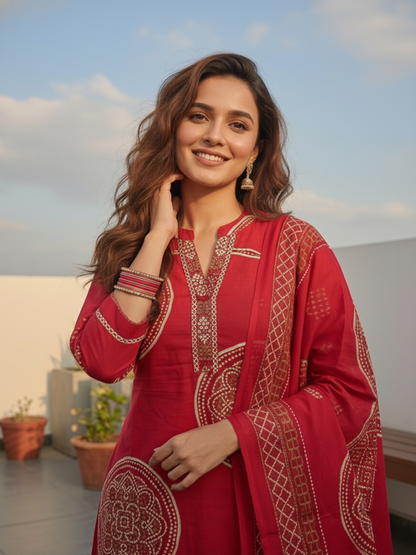 Bandhani Printed Straight Kurta with Pant & Dupatta - Red