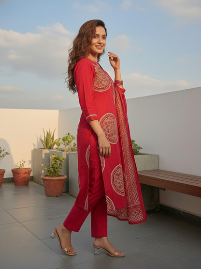 Bandhani Printed Straight Kurta with Pant & Dupatta - Red