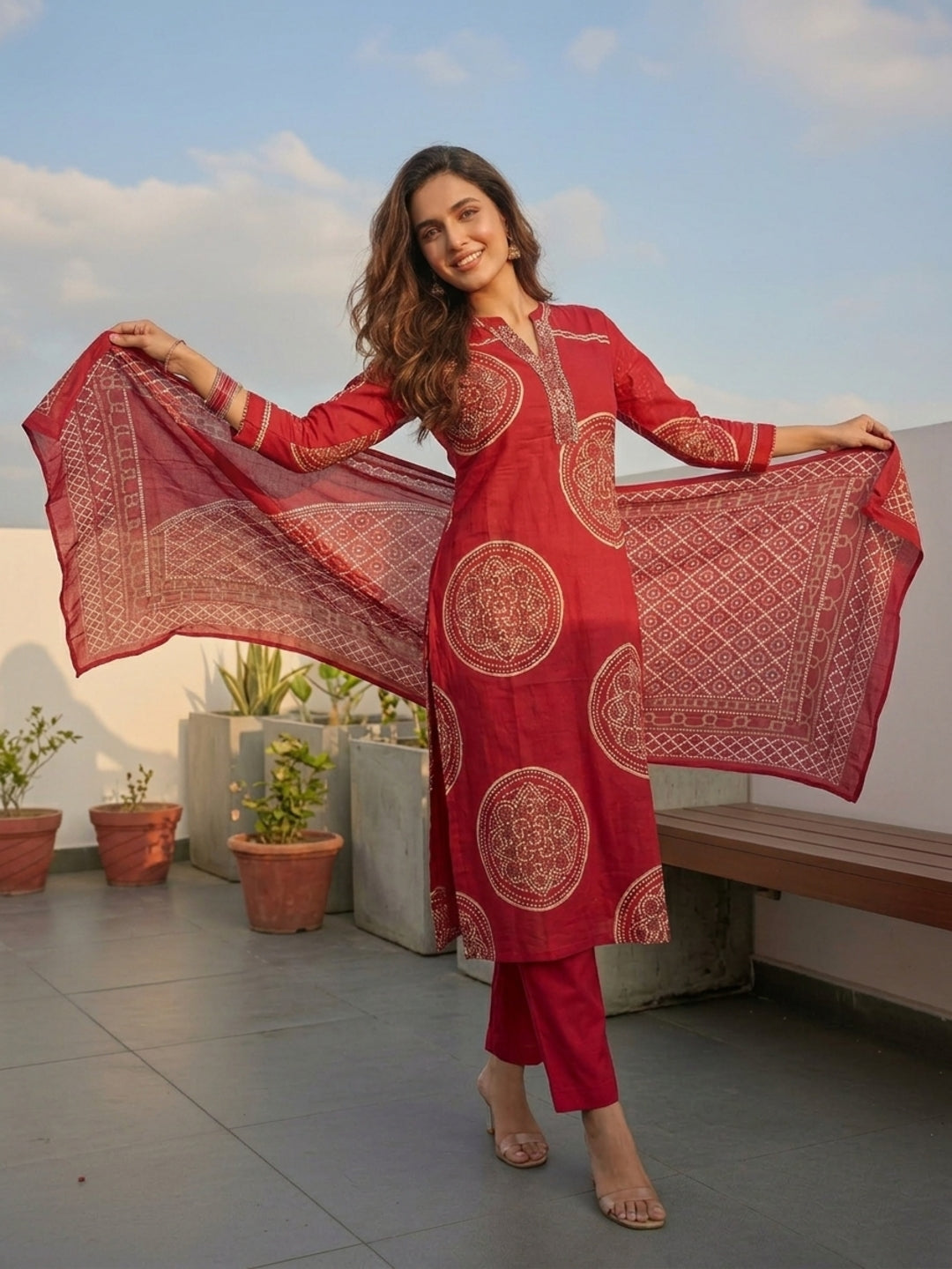 Bandhani Printed Straight Kurta with Pant & Dupatta - Red