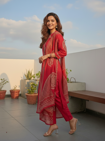Bandhani Printed Straight Kurta with Pant & Dupatta - Red