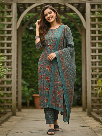 Ethnic Printed A-Line Kurta with Pant & Dupatta - Teal