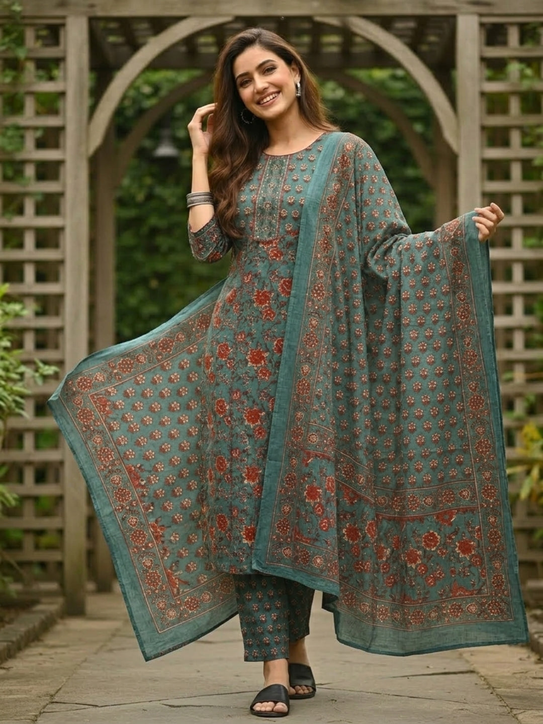 Ethnic Printed A-Line Kurta with Pant & Dupatta - Teal