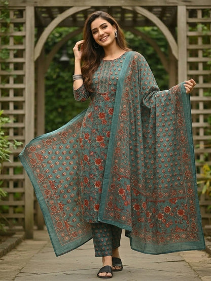 Ethnic Printed A-Line Kurta with Pant & Dupatta - Teal