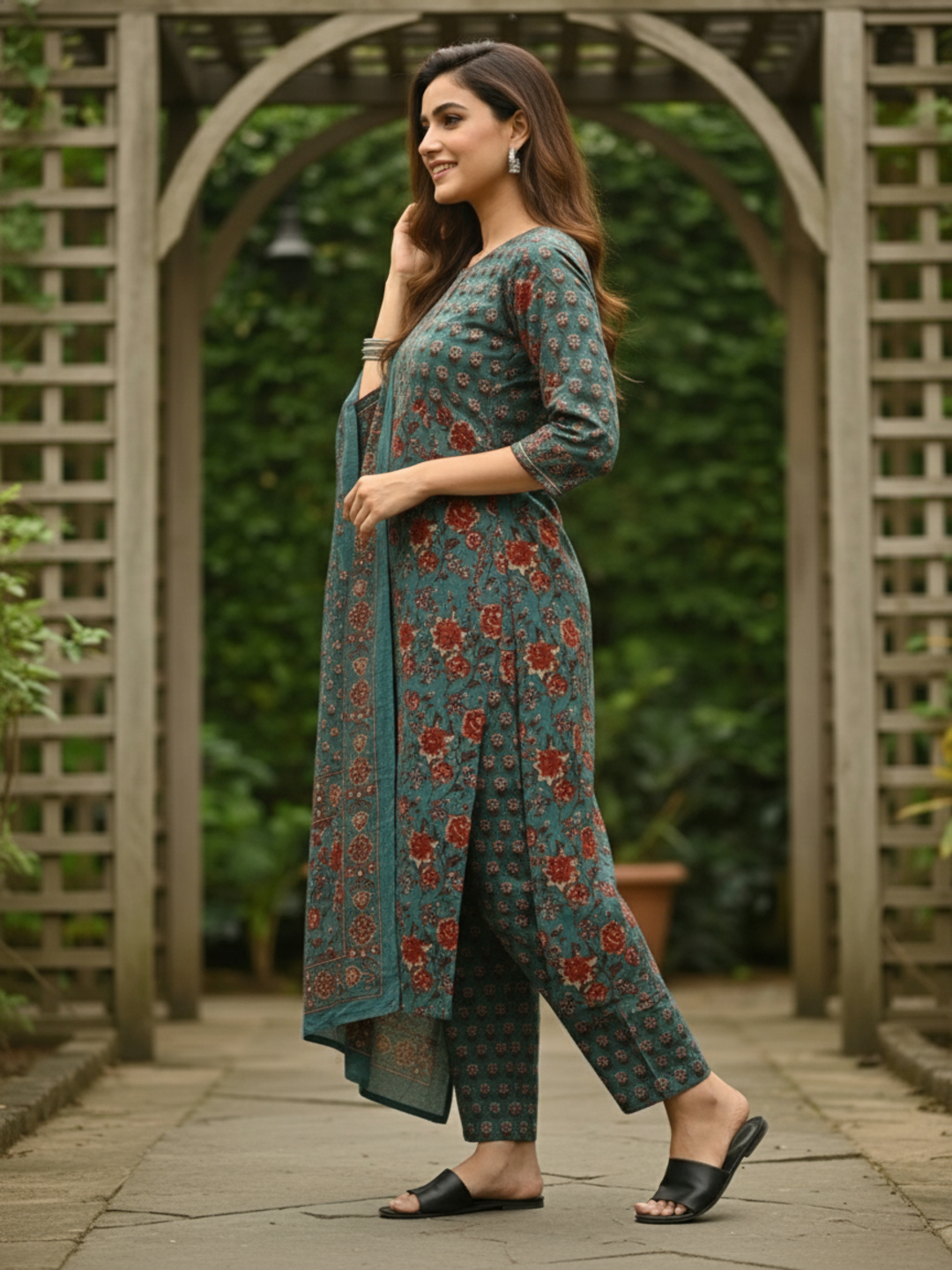 Ethnic Printed A-Line Kurta with Pant & Dupatta - Teal