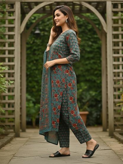 Ethnic Printed A-Line Kurta with Pant & Dupatta - Teal