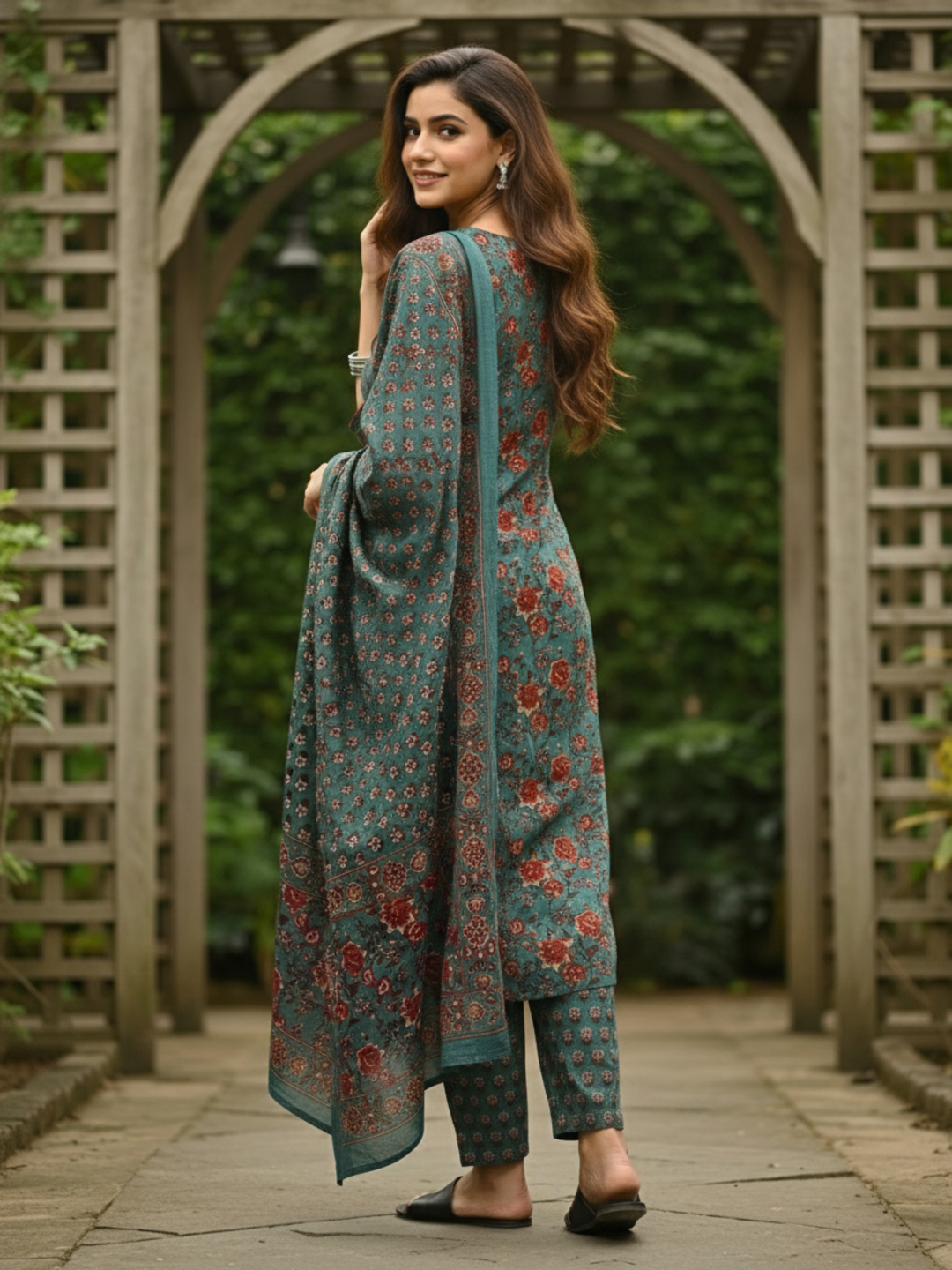 Ethnic Printed A-Line Kurta with Pant & Dupatta - Teal