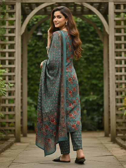 Ethnic Printed A-Line Kurta with Pant & Dupatta - Teal