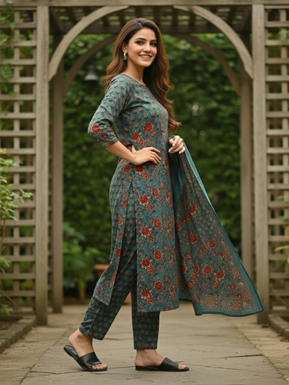 Ethnic Printed A-Line Kurta with Pant & Dupatta - Teal