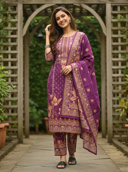 Ethnic Printed Straight Kurta Set with Pant & Dupatta - Wine Purple