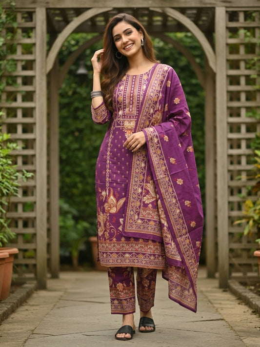 Ethnic Printed Straight Kurta Set with Pant & Dupatta - Wine Purple