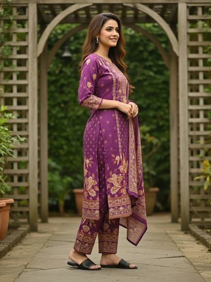 Ethnic Printed Straight Kurta Set with Pant & Dupatta - Wine Purple