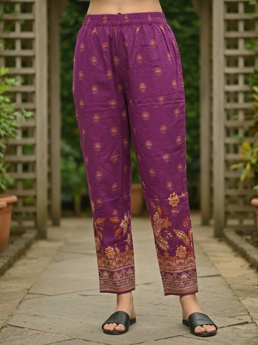 Ethnic Printed Straight Kurta Set with Pant & Dupatta - Wine Purple
