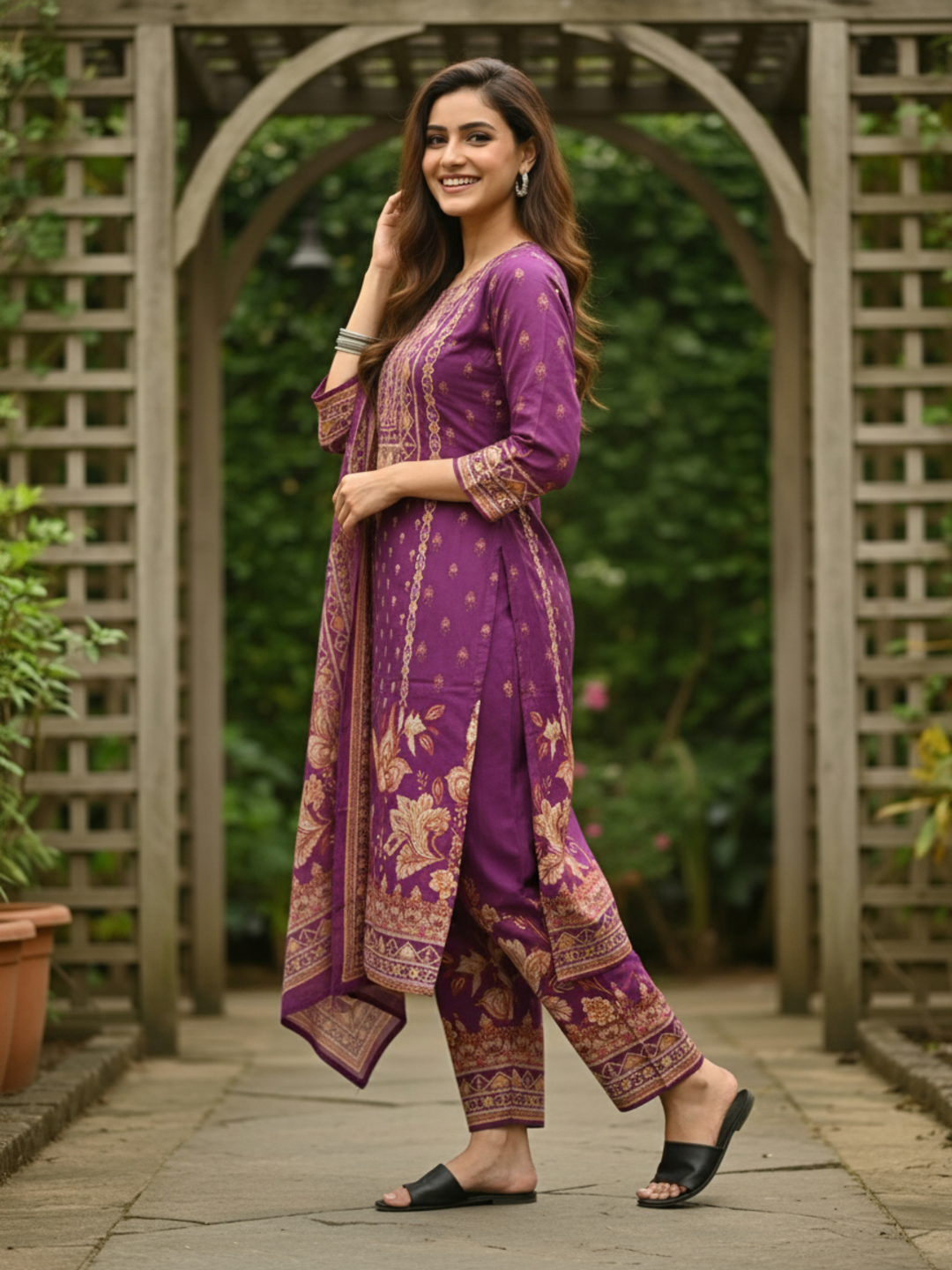Ethnic Printed Straight Kurta Set with Pant & Dupatta - Wine Purple