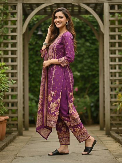 Ethnic Printed Straight Kurta Set with Pant & Dupatta - Wine Purple
