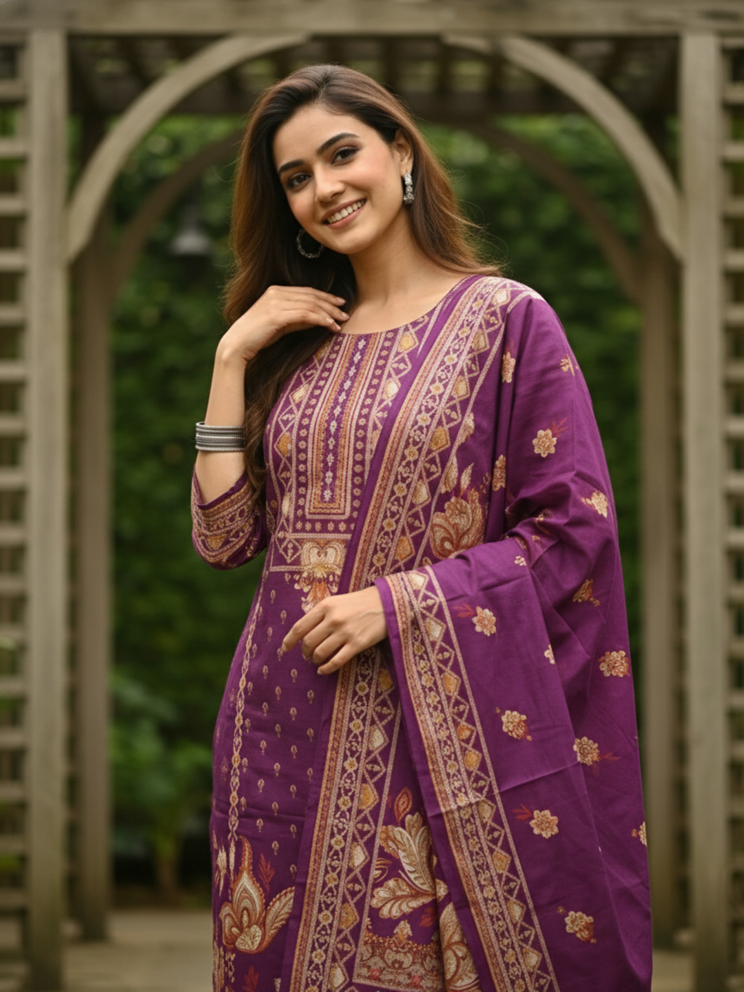 Ethnic Printed Straight Kurta Set with Pant & Dupatta - Wine Purple