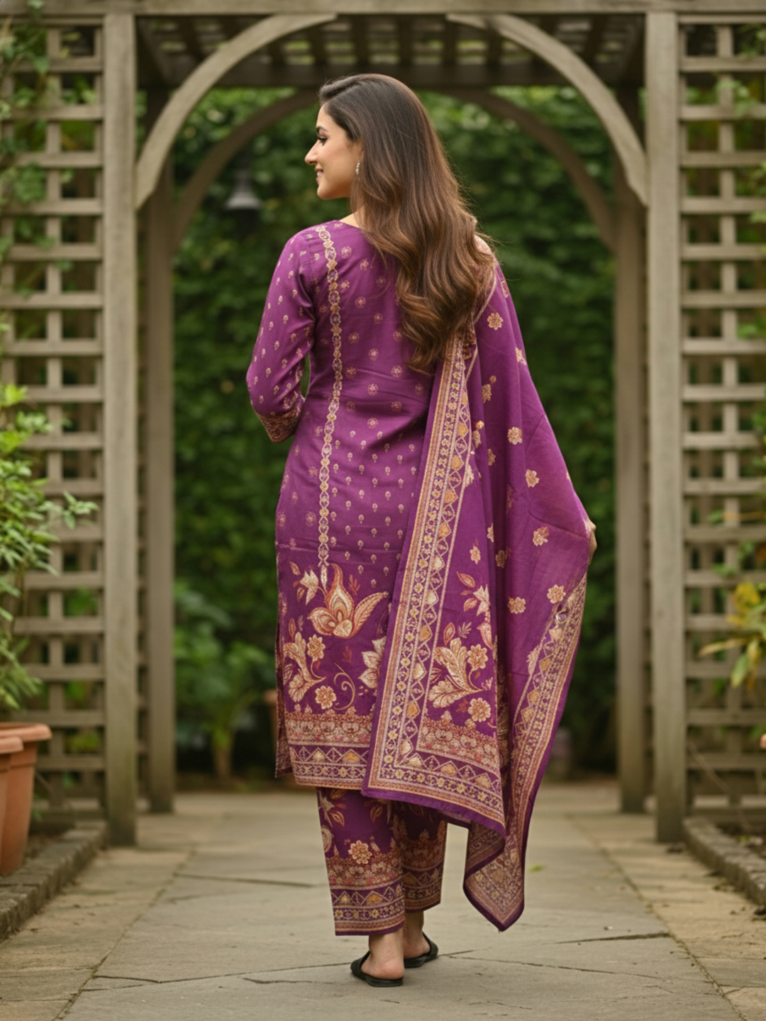 Ethnic Printed Straight Kurta Set with Pant & Dupatta - Wine Purple