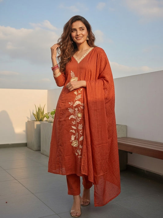 Solid Floral Embroidered Straight Kurta with Pant & Dupatta - Rust