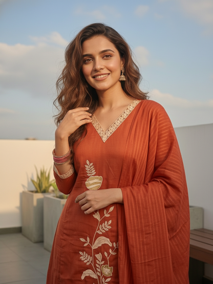 Solid Floral Embroidered Straight Kurta with Pant & Dupatta - Rust