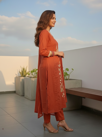 Solid Floral Embroidered Straight Kurta with Pant & Dupatta - Rust