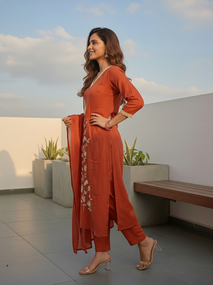 Solid Floral Embroidered Straight Kurta with Pant & Dupatta - Rust
