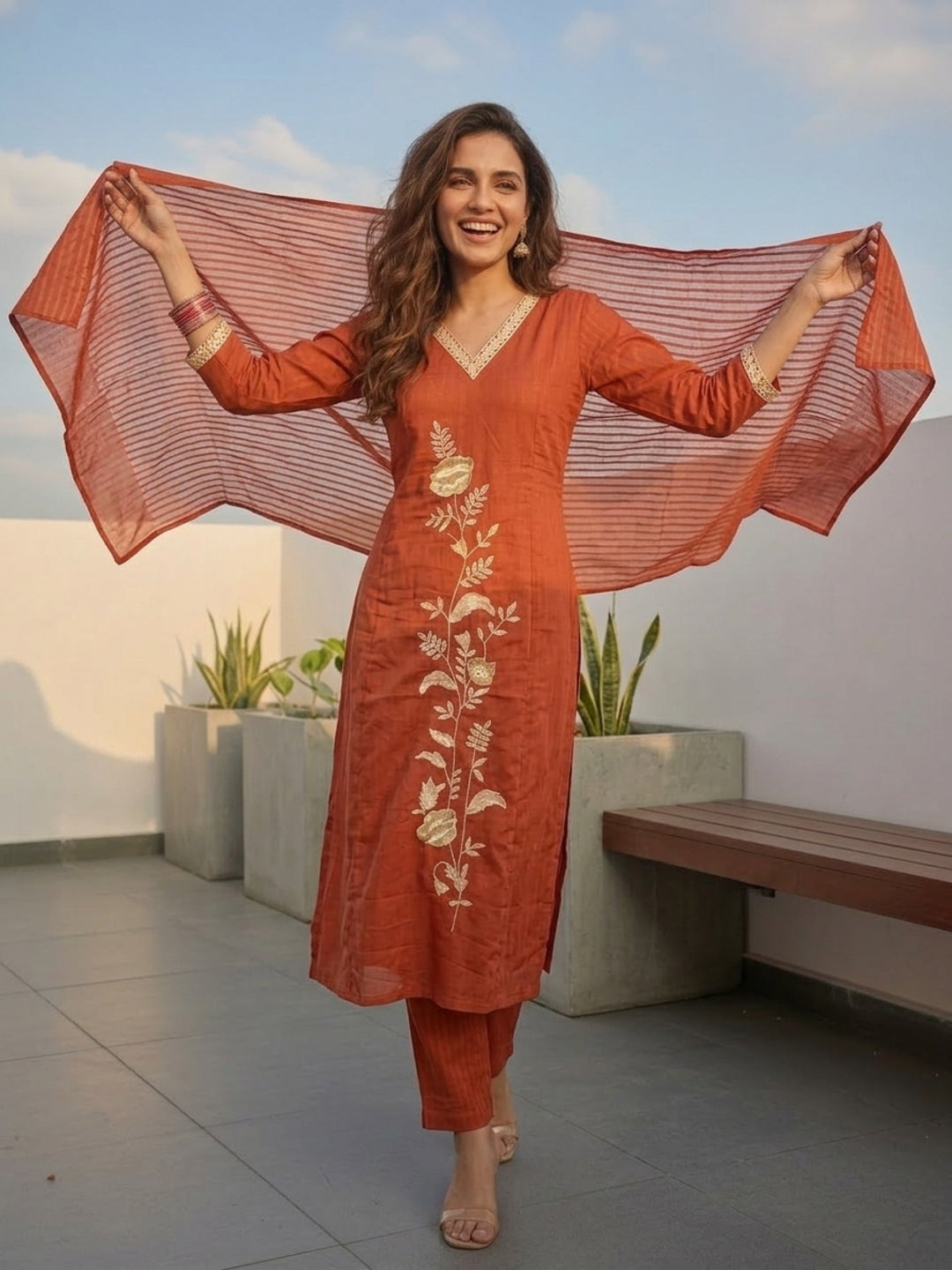 Solid Floral Embroidered Straight Kurta with Pant & Dupatta - Rust
