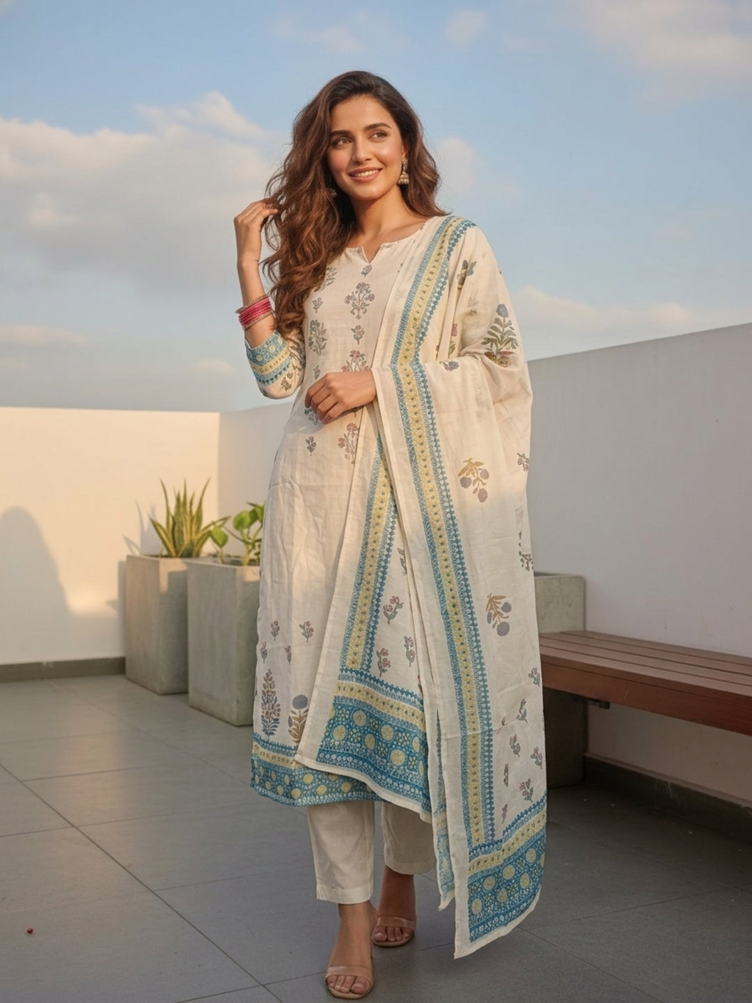 Floral Printed Embroidered Straight Kurta with Pant and Dupatta - Off White