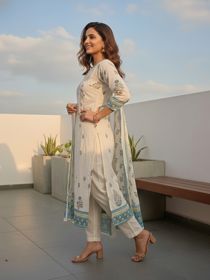 Floral Printed Embroidered Straight Kurta with Pant and Dupatta - Off White