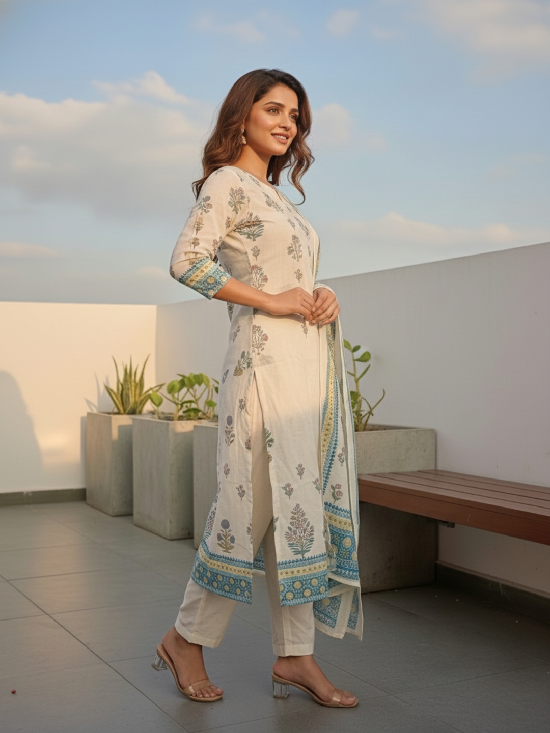 Floral Printed Embroidered Straight Kurta with Pant and Dupatta - Off White