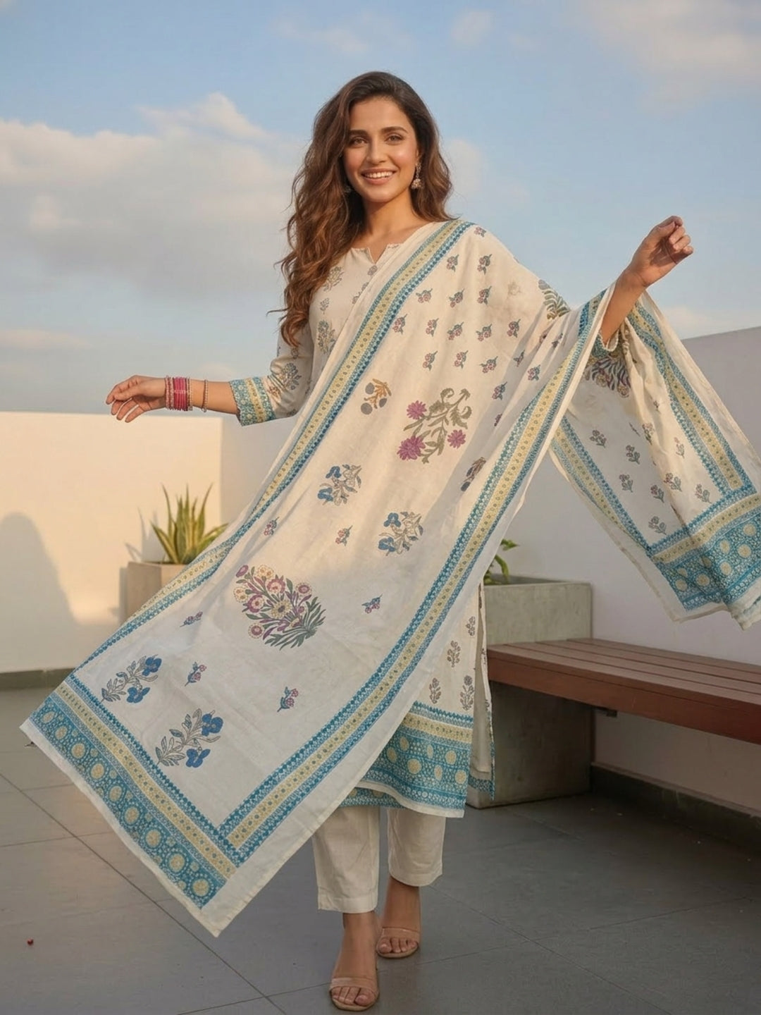 Floral Printed Embroidered Straight Kurta with Pant and Dupatta - Off White