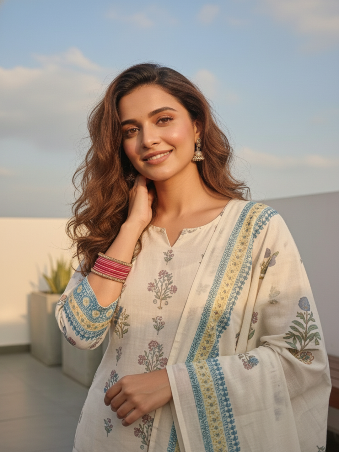 Floral Printed Embroidered Straight Kurta with Pant and Dupatta - Off White