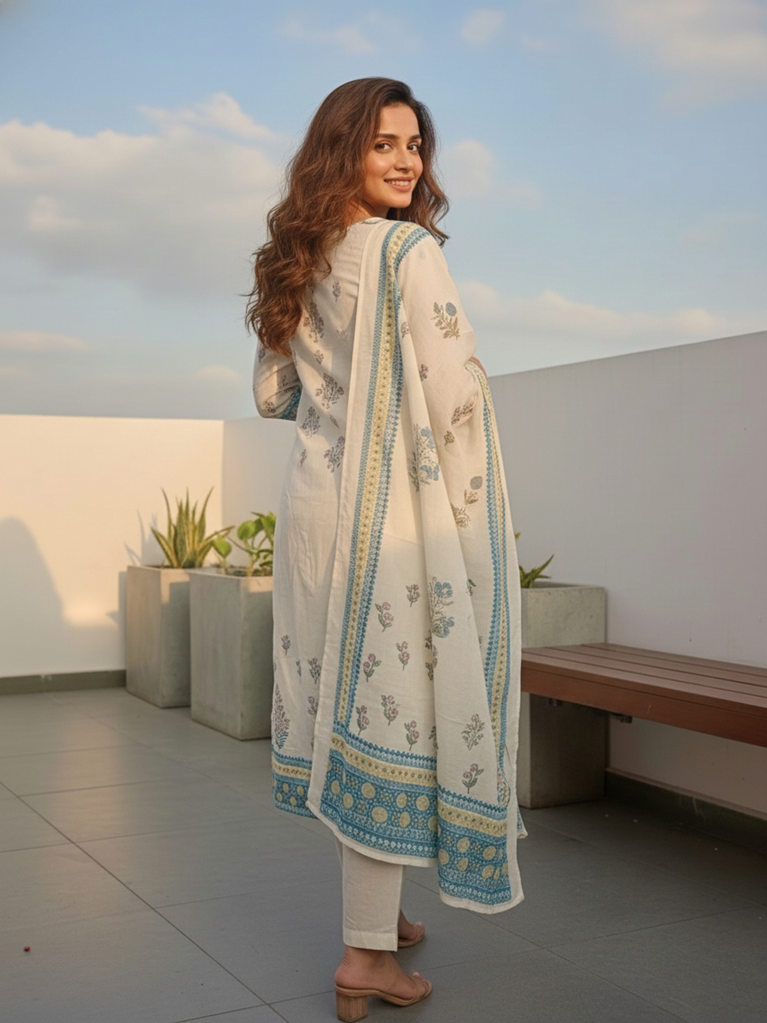 Floral Printed Embroidered Straight Kurta with Pant and Dupatta - Off White