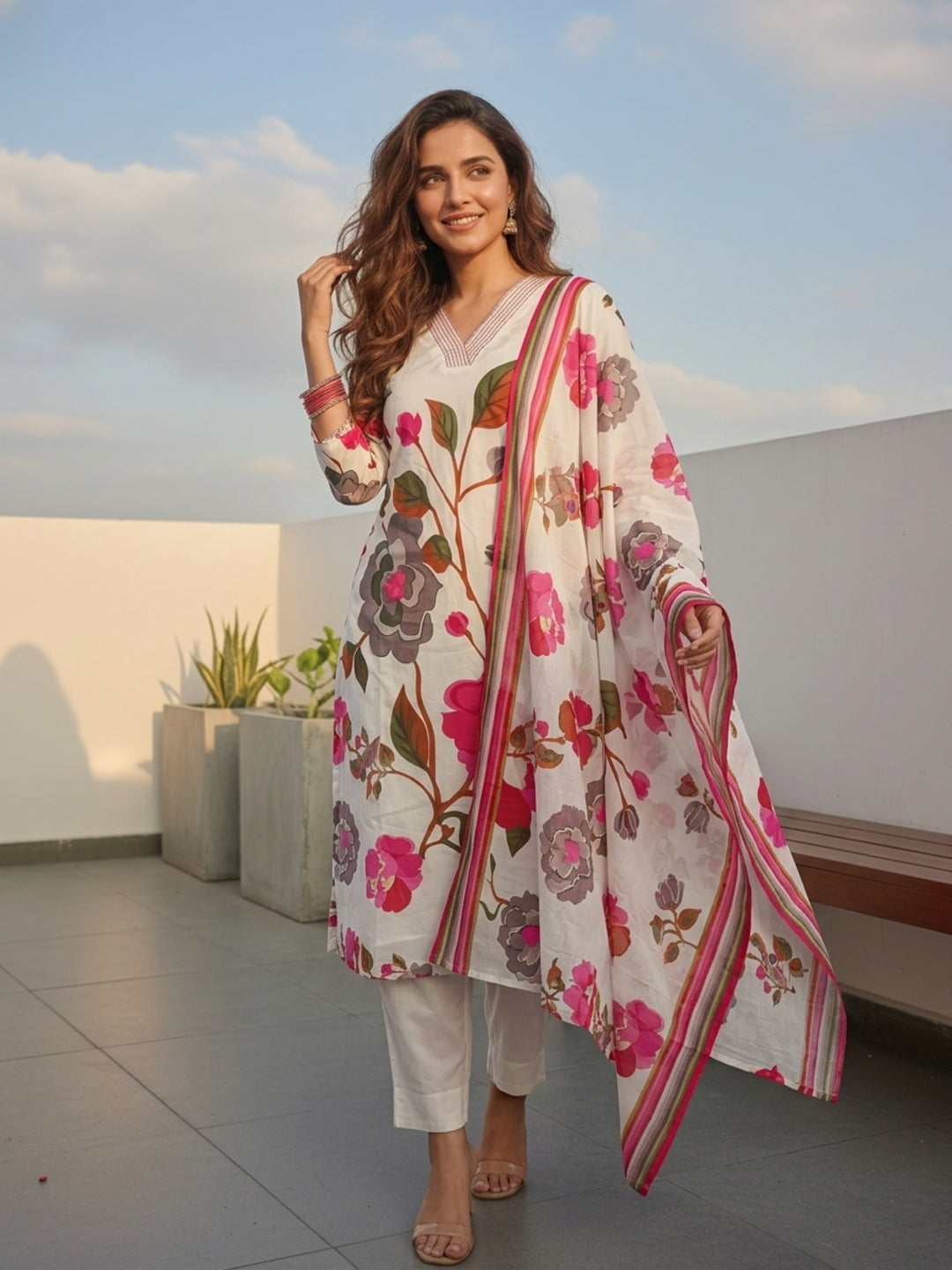 Floral Printed Straight Kurta with Pant & Dupatta - Cream
