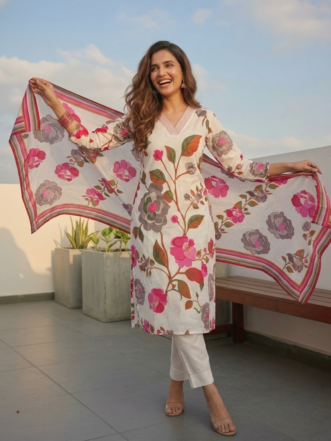 Floral Printed Straight Kurta with Pant & Dupatta - Cream