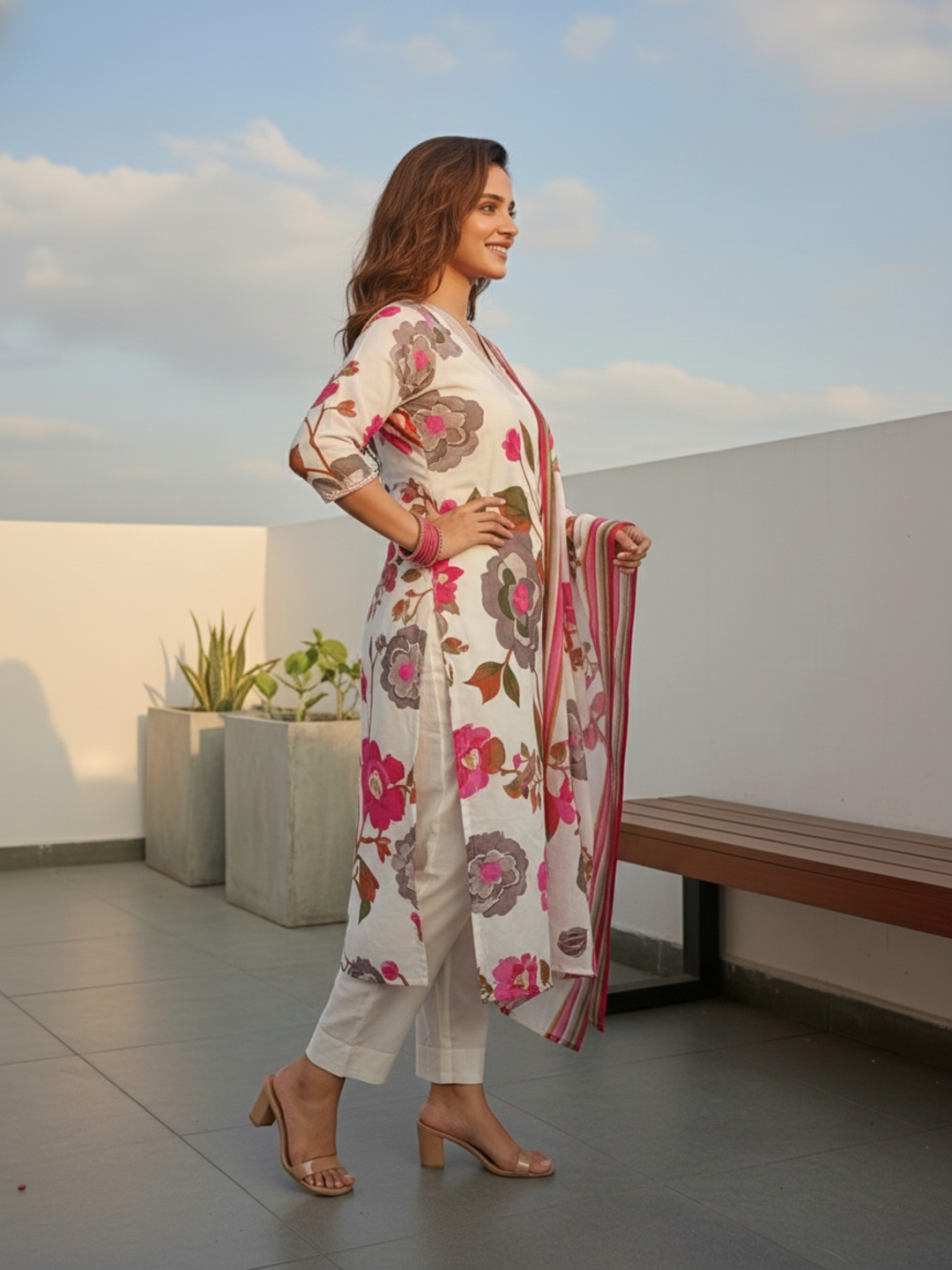 Floral Printed Straight Kurta with Pant & Dupatta - Cream