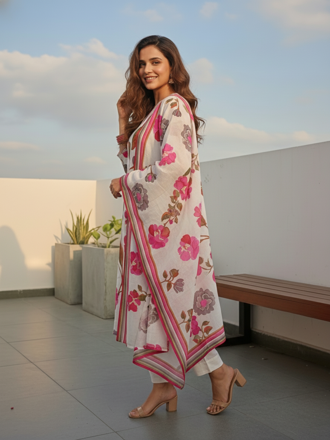 Floral Printed Straight Kurta with Pant & Dupatta - Cream