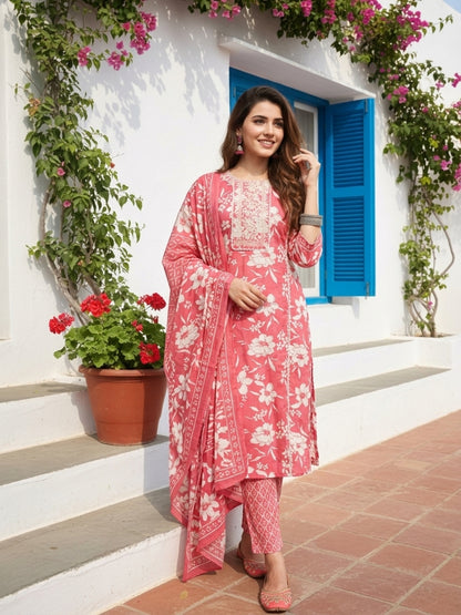 Floral Printed Straight Kurta Set with Pant & Dupatta - Coral Pink