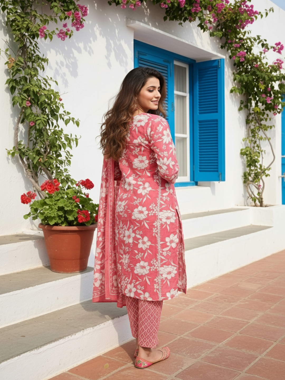 Floral Printed Straight Kurta Set with Pant & Dupatta - Coral Pink