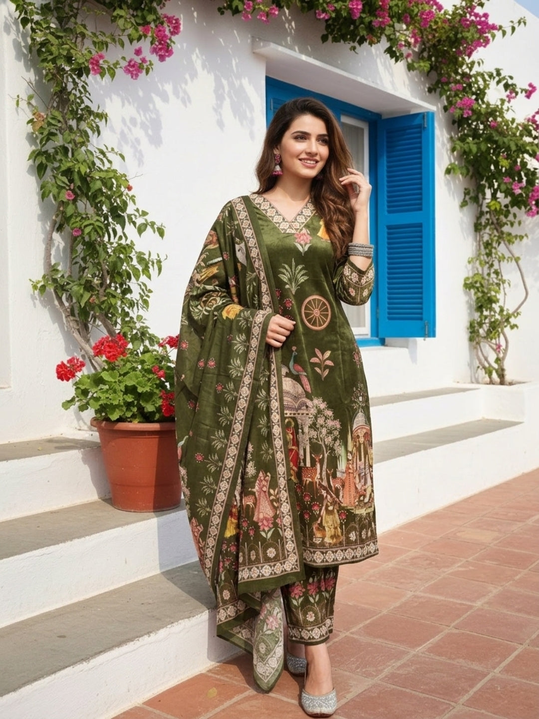 Miniature Painting Printed Kurta with Pant and Dupatta - Green