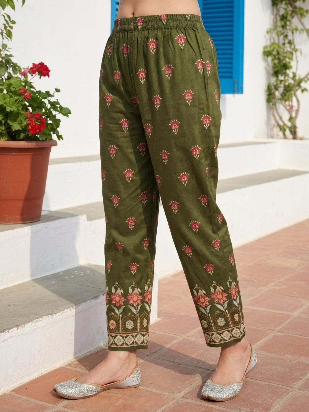 Miniature Painting Printed Kurta with Pant and Dupatta - Green